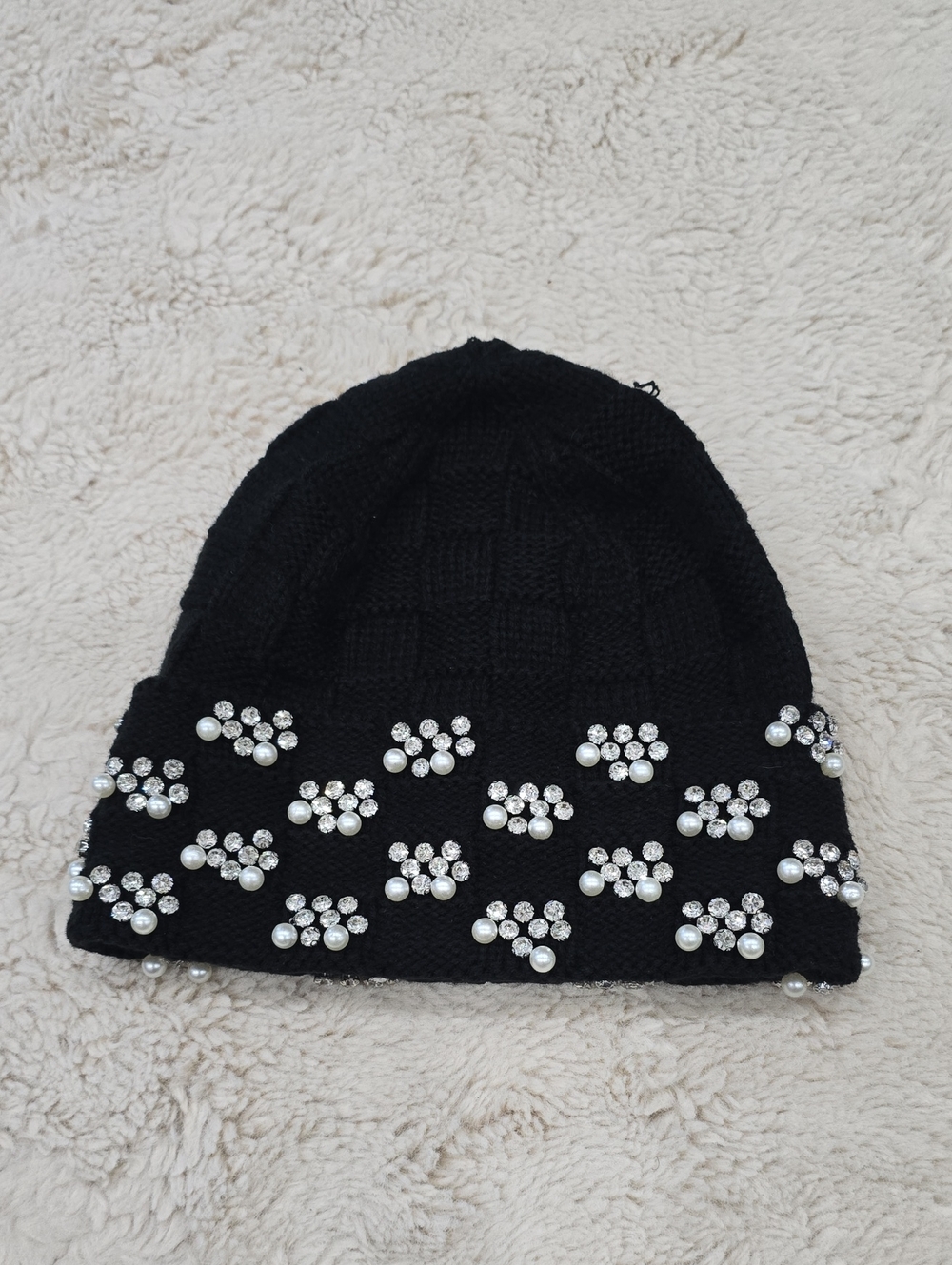 Black Embellished Knit Beanie - Women's Accessory